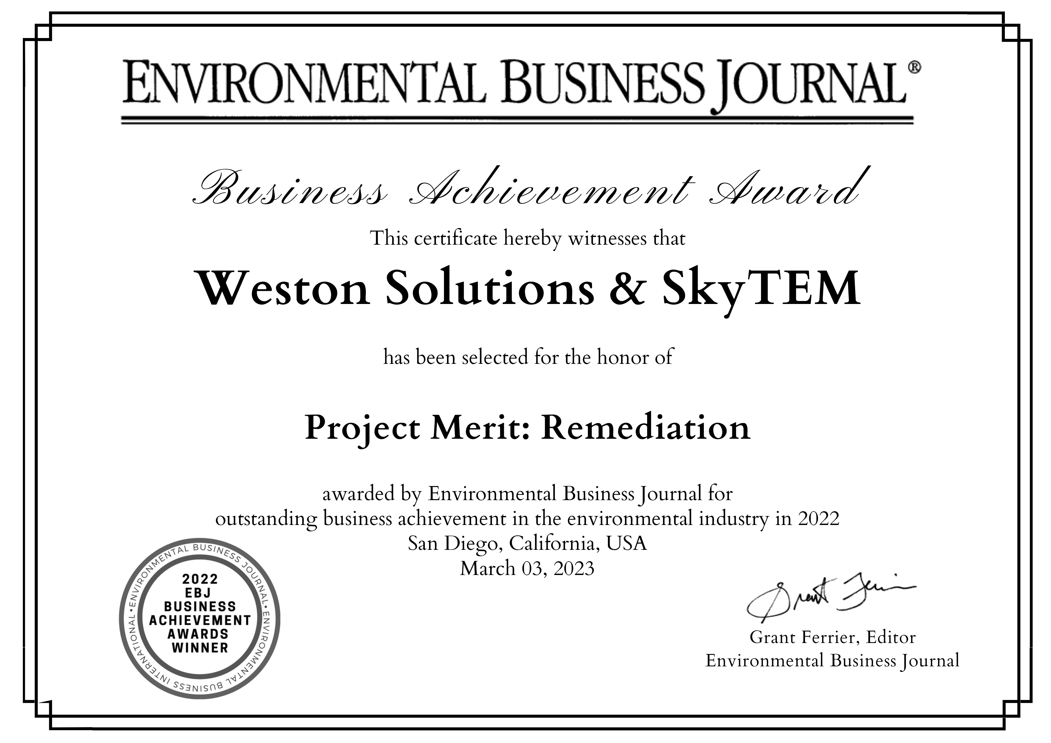 EBJ award certificate